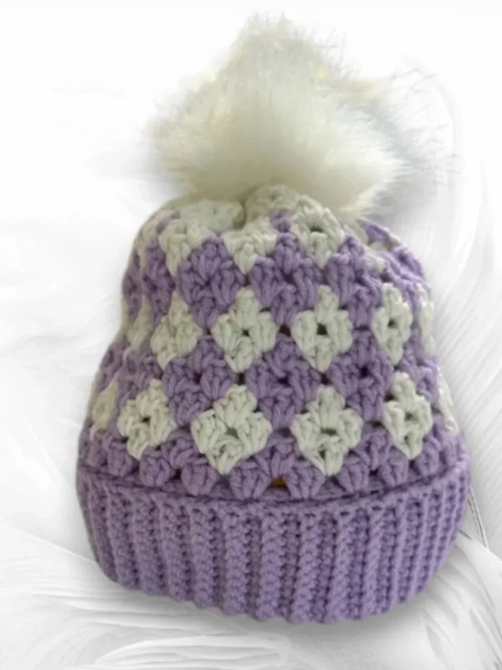 Handmade Crochet Hat for Girls 10–14 Lilac & White Winter Beanie with Pom Pom